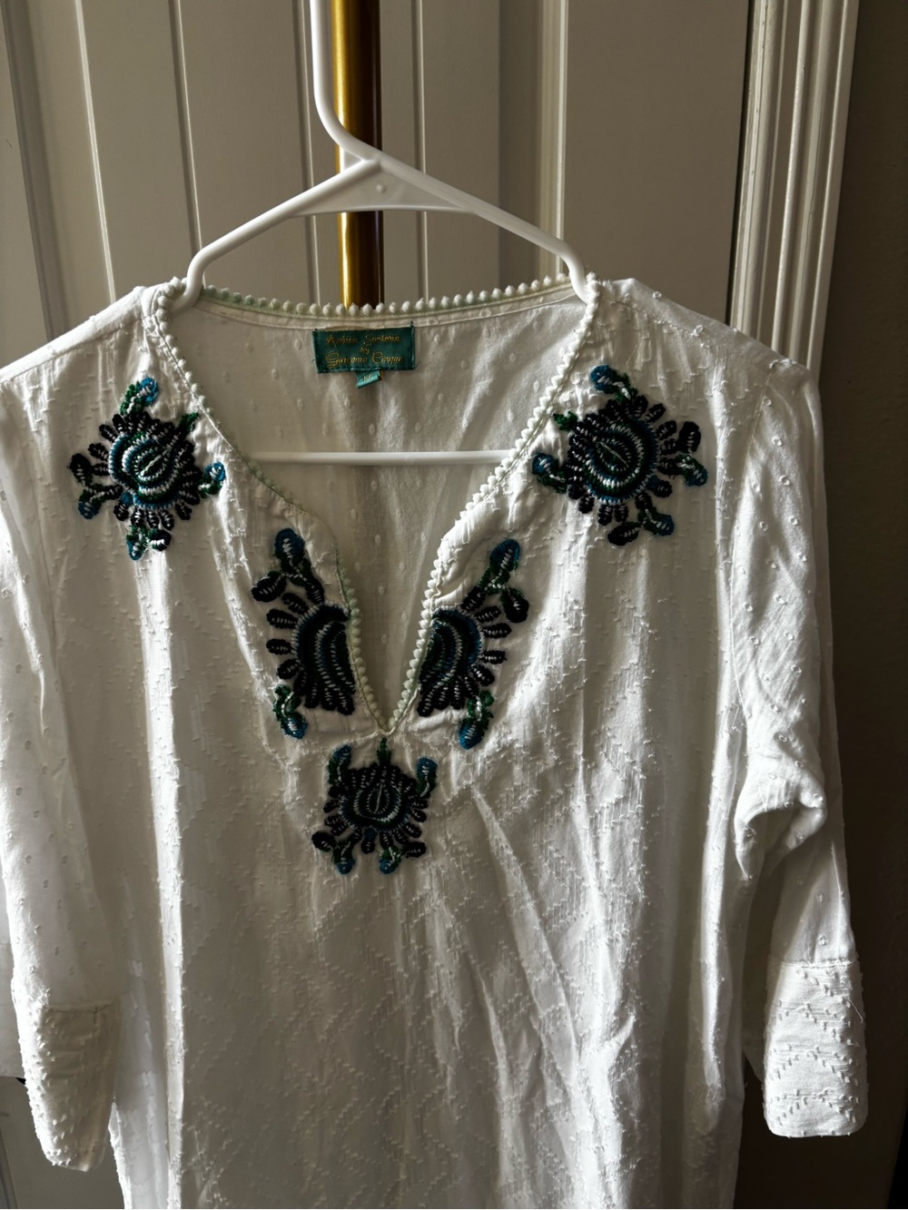 White V-Neck Tunic with Teal & Black Embroidery